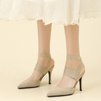 Women’s Amara Fabric Ankle-Strap Stiletto Pumps – Pointed-Toe Hollow Side Elegant Heels