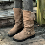 Women’s RanchWrap Buckle Mid-Calf Suede Boots – Knit Cuff Western-Style Slouchy Shoes