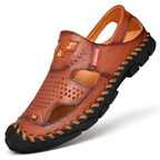 Flow Men’s Genuine Leather Summer Clogs – Breathable Closed-Toe Soft Sole Casual Beach Sandals