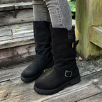 Women’s RanchWrap Buckle Mid-Calf Suede Boots – Knit Cuff Western-Style Slouchy Shoes