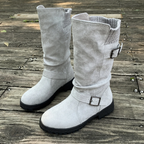 Women’s RanchWrap Buckle Mid-Calf Suede Boots – Knit Cuff Western-Style Slouchy Shoes