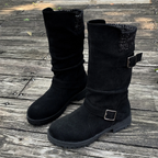 Women’s RanchWrap Buckle Mid-Calf Suede Boots – Knit Cuff Western-Style Slouchy Shoes