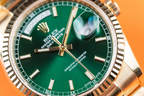 Rolex Yellow Gold Day-Date Fluted Bezel Green Index Dial President Bracelet