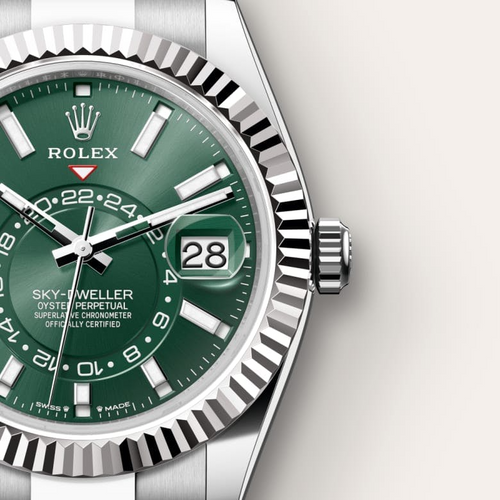 A- Rolex Sky-Dweller Stainless Steel, Green Index Dial, 42 mm