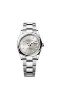 Rolex Oyster Perpetual Datejust 36 is available in Oyster steel with a silver dial and an Oyster bracelet