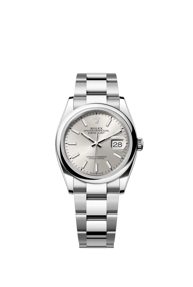 Rolex Oyster Perpetual Datejust 36 is available in Oyster steel with a silver dial and an Oyster bracelet