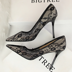 Women’s Valeria Lace Mesh Stiletto Pumps – Pointed-Toe Hollow Elegant Heels